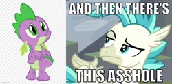 Size: 1014x499 | Tagged: safe, imported from ponybooru, spike, terramar, dragon, hippogriff, abuse, alpha channel, and then there's this asshole, background pony strikes again, checkered background, male, op is a duck, op is trying to start shit, op isn't even trying anymore, sad, spikeabuse, vulgar