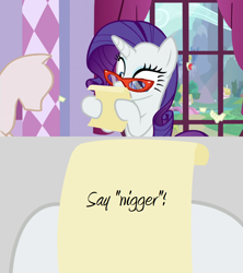 Size: 910x1024 | Tagged: safe, edit, edited screencap, screencap, rarity, pony, unicorn, /mlp/, 4chan, carousel boutique, exploitable meme, eyeshadow, female, glasses, hoof hold, idubbbz, makeup, mare, meme, paper, ponyquin, slur, solo, vulgar, window