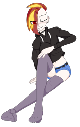 Size: 812x1280 | Tagged: safe, artist:ukedideka, imported from derpibooru, oc, oc only, oc:lumen afterglow, human, belly button, clothes, collar, eye clipping through hair, hoodie, humanized, humanized oc, lip piercing, piercing, shorts, simple background, sitting, snake bites, socks, solo, stocking feet, stockings, thigh highs, tongue out, transparent background