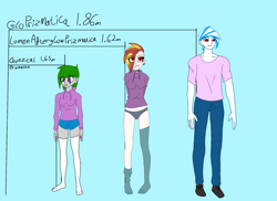 Size: 2048x1488 | Tagged: safe, artist:ukedideka, imported from derpibooru, oc, oc:glo prizmatica, oc:lumen afterglow, oc:quizzical aphre, human, clothes, collar, eye clipping through hair, group, height difference, hoodie, humanized, humanized oc, panties, shoes, shorts, simple background, size chart, size comparison, socks, stocking feet, stockings, thigh highs, underwear