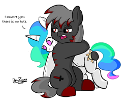 Size: 3731x3072 | Tagged: safe, artist:datzigga, imported from derpibooru, princess celestia, oc, oc:blood stain, earth pony, pony, celestia plushie, dialogue, high res, hug, plushie, pony plushie, simple background, solo, white background