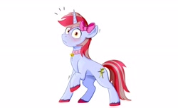 Size: 3300x2014 | Tagged: safe, artist:rutkotka, imported from derpibooru, oc, oc only, oc:cinnamon lightning, pony, unicorn, bell, bell collar, blushing, bow, collar, high res, simple background, solo, white background