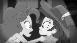 Size: 1920x1078 | Tagged: safe, imported from derpibooru, screencap, pinkie pie, rarity, equestria girls, equestria girls series, rarity investigates: the case of the bedazzled boot, black and white, duo, female, grayscale, monochrome