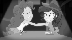 Size: 1920x1078 | Tagged: safe, imported from derpibooru, screencap, pinkie pie, rarity, equestria girls, equestria girls series, rarity investigates: the case of the bedazzled boot, black and white, duo, female, grayscale, monochrome