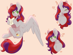 Size: 1560x1167 | Tagged: safe, artist:babiiclouds, imported from derpibooru, oc, oc only, oc:evening prose, pegasus, pony, book, chest fluff, female, freckles, jewelry, looking at you, mare, necklace, pearl necklace, smiling, solo, spread wings, wings