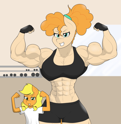 Size: 1606x1651 | Tagged: safe, artist:matchstickman, imported from derpibooru, applejack, pear butter, anthro, earth pony, abs, biceps, breasts, busty pear butter, clothes, dumbbell (object), duo, female, filly, filly applejack, fingerless gloves, flexing, gloves, grin, gritted teeth, gym, looking at you, mare, matchstickman's pear buffer series, mother and child, mother and daughter, muscles, muscular female, pear buffer, pecs, shirt, shorts, smiling, sports bra, sports shorts, triceps, weights, younger