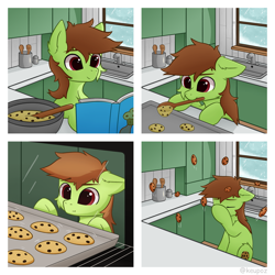 Size: 2240x2240 | Tagged: safe, artist:keupoz, imported from derpibooru, oc, oc only, earth pony, pony, baking, baking sheet, book, bowl, commission, cookie, cooking, cutie mark, earth pony oc, facehoof, food, high res, kitchen, mouth hold, oven, sink, spoon, window