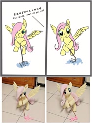 Size: 2160x2879 | Tagged: safe, artist:nekokevin, artist:杏银花开, imported from derpibooru, fluttershy, pegasus, pony, chinese, chinese meme, cute, dialogue, fluttermop, high res, irl, looking at you, meme, mop, photo, shyabetes, smiling, solo, spread wings, wings