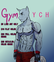 Size: 2000x2300 | Tagged: safe, artist:sentofu, imported from derpibooru, anthro, biceps, clothes, commission, flexing, gym, high res, male, muscles, shorts, strong, sweat, sweatdrop, training, ych example, your character here