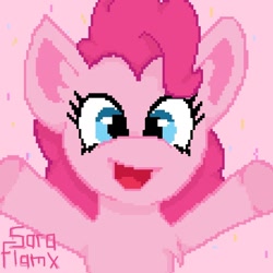 Size: 800x800 | Tagged: safe, artist:saraflamx, imported from derpibooru, pinkie pie, earth pony, pony, pink background, pixel art, simple background