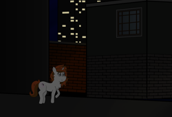 Size: 4812x3279 | Tagged: safe, artist:eminent entropy, imported from derpibooru, oc, oc only, oc:winter solstice, pony, unicorn, :i, alley, blind, building, chest fluff, city, cityscape, dark, female, horn, house, mare, night, outdoors, raised hoof, sky, solo, wall