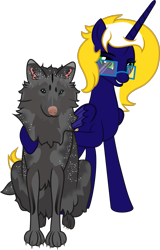 Size: 721x1124 | Tagged: safe, artist:lincolnbrewsterfan, derpibooru exclusive, imported from derpibooru, oc, oc only, oc:time vortex (kaifloof), oc:zima the wolf, alicorn, pony, wolf, derpibooru community collaboration, .svg available, 2022 community collab, alicorn oc, coat markings, dog nose, eyebrows, folded wings, front view, fur, glasses, grin, hoof around neck, horn, lidded eyes, looking at you, mane, multicolored eyes, multicolored iris, owned, paws, pet, petting, raised hoof, simple background, sitting, smiling, smiling at you, sparkles, svg, tail, transparent background, vector, wings