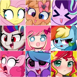 Size: 2048x2048 | Tagged: safe, artist:kittyrosie, imported from derpibooru, part of a set, fluttershy, izzy moonbow, pinkie pie, rainbow dash, starlight glimmer, sunset shimmer, zipp storm, oc, oc:rosa flame, bat pony, earth pony, eevee, pegasus, pony, unicorn, 28 pranks later, equestria girls, ><, adorazipp, blushing, collage, cute, dashabetes, diapinkes, eyes closed, female, g5, glimmerbetes, hi anon, high res, izzybetes, mare, meme, my little pony: a new generation, ocbetes, open mouth, open smile, pokémon, scene interpretation, shimmerbetes, shrunken pupils, shyabetes, smiling, tongue out, tsunderainbow, tsundere