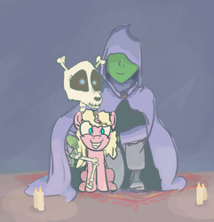 Size: 1400x1450 | Tagged: safe, anonymous artist, imported from derpibooru, skellinore, oc, oc only, oc:anon, human, pony, skeleton pony, unicorn, the break up breakdown, bone, candle, cloak, clothes, family photo, father and child, father and daughter, female, filly, foal, grin, hood, looking at you, male, mother and child, mother and daughter, necromancer, parent and child, ponybooru import, reversed gender roles equestria general, skeleton, smiling