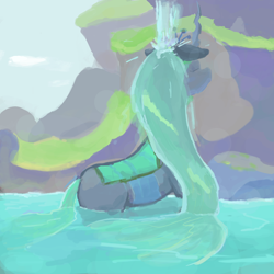 Size: 1024x1024 | Tagged: safe, artist:marker, imported from derpibooru, queen chrysalis, changeling, changeling queen, eyes closed, female, lake, outdoors, ponybooru import, quadrupedal, solo, water, waterfall, wet, wet mane