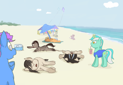 Size: 1600x1100 | Tagged: safe, imported from derpibooru, lyra heartstrings, oc, oc:cold shoulder, oc:frosty flakes, oc:winter wonder, earth pony, pony, unicorn, adorable distress, beach, clothes, cute, dehydrated, eyes closed, female, glowing, glowing horn, heatstroke, horn, kite, magic, ocean, one-piece swimsuit, open mouth, ponybooru import, raised hoof, raised leg, requested art, swimsuit, telekinesis, this will end in death, underhoof, x eyes, yakutian horse