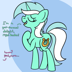 Size: 2000x2000 | Tagged: safe, artist:dafiltafish, imported from derpibooru, lyra heartstrings, pony, unicorn, dialogue, female, high res, implied bon bon, offscreen character, simple background, solo, swearing, vulgar