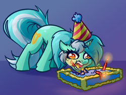 Size: 4000x3000 | Tagged: safe, artist:witchtaunter, imported from derpibooru, lyra heartstrings, pony, unicorn, birthday, birthday cake, cake, candle, dead eyes, derp, ear fluff, eating, faic, female, food, full mouth, gradient background, hat, herbivore, horses doing horse things, l.u.l.s., majestic as fuck, open mouth, party hat, solo, this will end in fire, wide eyes