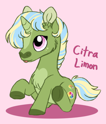 Size: 1532x1796 | Tagged: safe, artist:queenderpyturtle, imported from derpibooru, oc, oc only, oc:citra limon, pony, unicorn, female, filly, pink background, simple background, solo, tongue out