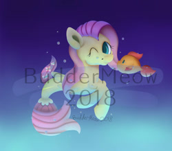 Size: 953x838 | Tagged: safe, artist:buddermeow, imported from derpibooru, fluttershy, fish, pegasus, pony, seapony (g4), blue background, bubble, dorsal fin, fish tail, flowing tail, green eyes, looking at you, ocean, one eye closed, pink mane, seaponified, seapony fluttershy, simple background, smiling, solo, species swap, tail, underwater, water, watermark, watershy, wink