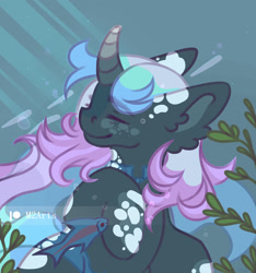 Size: 1600x1710 | Tagged: safe, artist:macyw, imported from derpibooru, oc, oc only, fish, pony, unicorn, crepuscular rays, curved horn, ear fluff, eyes closed, flowing mane, horn, ocean, seaweed, signature, smiling, solo, swimming, underwater, water