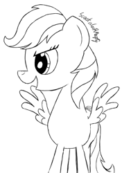 Size: 705x1000 | Tagged: safe, artist:scootaloormayfly, imported from derpibooru, rainbow dash, pegasus, pony, black and white, digital art, grayscale, looking away, monochrome, signature, simple background, sketch, smiling, solo, white background