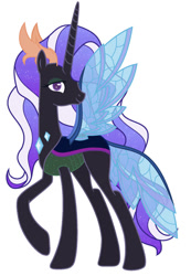 Size: 743x1075 | Tagged: safe, artist:noctissky, imported from derpibooru, oc, oc only, changedling, changeling, hybrid, pony, unicorn, butterfly wings, ethereal mane, female, flowing mane, gem, horn, horns, long horn, purple eyes, purple mane, raised hoof, simple background, smiling, solo, spread wings, white background, wings