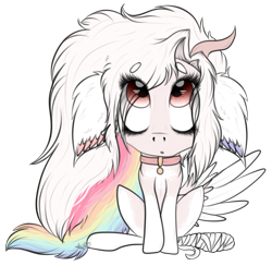 Size: 1633x1595 | Tagged: safe, artist:beamybutt, imported from derpibooru, oc, oc only, pegasus, pony, bandage, collar, ear fluff, eyelashes, female, floppy ears, looking up, mare, multicolored hair, pegasus oc, rainbow hair, simple background, transparent background, wings