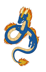 Size: 1349x2100 | Tagged: safe, artist:firehearttheinferno, imported from derpibooru, oc, oc only, oc:blaze jr., dragon, eastern dragon, antlers, arms, big mane, blue, claws, commission, confident, fangs, fiery mane, finger gun, finger guns, floating, flying, green eyes, grin, horns, orange mane, scales, signature, smiling, smirk, snout, solo, tail, tail fluff, toes, underbelly, vector, watermark, yellow mane