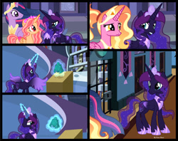 Size: 1280x1014 | Tagged: safe, artist:dawnheartyt, imported from derpibooru, luster dawn, twilight sparkle, oc, oc:dawn heart, oc:princess dawn heart, oc:princess estela, alicorn, pony, comic:the beginning of the nightmare, the last problem, alicorn oc, base used, ethereal mane, eyelashes, female, glowing, glowing horn, hoof shoes, horn, indoors, magic, mare, older, older twilight, peytral, princess twilight 2.0, starry mane, telekinesis, twilight sparkle (alicorn), wings