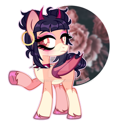 Size: 1600x1673 | Tagged: safe, artist:herusann, imported from derpibooru, oc, oc only, bat pony, pony, base used, bat pony oc, bat wings, choker, deviantart watermark, devil horns, ear piercing, earring, eyelashes, female, hoof polish, horns, jewelry, mare, obtrusive watermark, piercing, raised hoof, simple background, solo, spiked choker, transparent background, unshorn fetlocks, watermark, wings