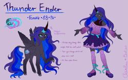 Size: 3441x2160 | Tagged: safe, artist:brot-art, imported from derpibooru, oc, oc only, oc:thunder ender, alicorn, anthro, pony, alicorn oc, anthro oc, anthro with ponies, clothes, duo, duo female, female, high res, horn, horn ring, looking at you, mare, purple background, raised hoof, reference sheet, ring, simple background, skirt, smiling, smiling at you, wings