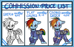 Size: 2366x1507 | Tagged: safe, artist:schokocream, imported from derpibooru, rainbow dash, pegasus, pony, advertisement, alternate timeline, apocalypse dash, armor, commission info, crystal war timeline, eye scar, female, mare, scar, torn ear