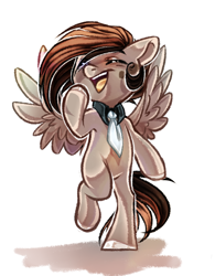 Size: 1550x1984 | Tagged: safe, artist:schokocream, imported from derpibooru, oc, oc only, pegasus, pony, bipedal, eyes closed, laughing, necktie, pegasus oc, simple background, solo, white background, wings