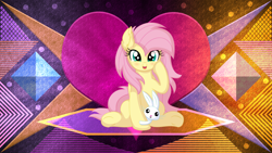 Size: 3840x2160 | Tagged: safe, artist:cyanlightning, artist:laszlvfx, edit, imported from derpibooru, angel bunny, fluttershy, pegasus, pony, rabbit, animal, female, high res, male, mare, wallpaper, wallpaper edit