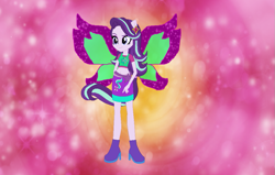 Size: 1041x663 | Tagged: safe, artist:selenaede, artist:user15432, imported from derpibooru, starlight glimmer, fairy, equestria girls, base used, boots, charmix, clothes, crossover, cutie mark, cutie mark on clothes, element of justice, fairy wings, fairyized, green wings, high heel boots, high heels, magic winx, ponied up, purple wings, shoes, solo, sparkly wings, wings, winx, winx club, winxified