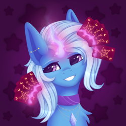 Size: 1280x1280 | Tagged: safe, artist:artsyplanetz, imported from derpibooru, trixie, pony, unicorn, card, female, glowing, glowing horn, grin, horn, magic, mare, smiling, solo, telekinesis