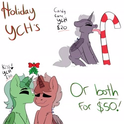 Size: 2048x2046 | Tagged: safe, artist:bluemoon, imported from derpibooru, oc, oc only, pony, candy, candy cane, christmas, commission, food, hearths warming, high res, holiday, holly, holly mistaken for mistletoe, kissing, solo, tongue out, tongue stuck to pole, ych example, your character here