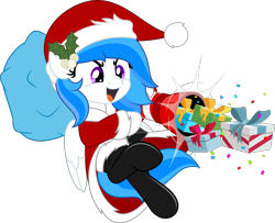 Size: 6162x5000 | Tagged: safe, artist:jhayarr23, imported from derpibooru, oc, oc only, oc:winter white, pegasus, pony, boots, christmas, clothes, commission, costume, female, holiday, mare, open mouth, present, shoes, simple background, solo, thigh boots, transparent background, ych result