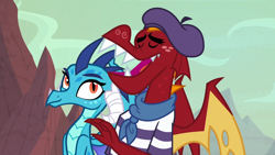 Size: 1280x720 | Tagged: safe, artist:sonofaskywalker, edit, edited screencap, imported from derpibooru, screencap, garble, princess ember, dragon, season 7, season 9, sweet and smoky, triple threat, spoiler:s09, beret, clothes, cute, dragoness, emberbetes, emble, eyes closed, female, hat, male, scarf, shipping, shirt, sitting, smiling, straight, striped shirt, vector