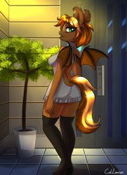 Size: 2000x2760 | Tagged: safe, artist:cali luminos, imported from derpibooru, oc, oc only, anthro, bat pony, backless, boots, breasts, clothes, dress, female, high res, lidded eyes, looking back, open mouth, open-back sweater, pose, shoes, sleeveless sweater, smiling, solo, stockings, sweater, thigh boots, thigh highs, virgin killer sweater