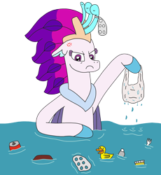 Size: 2448x2661 | Tagged: safe, artist:supahdonarudo, imported from derpibooru, queen novo, bird, duck, seapony (g4), series:novoember, my little pony: the movie, angry, cross-popping veins, fork, high res, holding, ocean, plastic bag, pollution, queen novo is not amused, rubber duck, simple background, soda can, transparent background, water, water bottle, wrapper