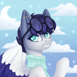 Size: 1280x1280 | Tagged: safe, artist:artsyplanetz, imported from derpibooru, oc, oc only, oc:galileo, pegasus, pony, clothes, ear piercing, glasses, piercing, scarf, solo, spreading