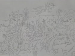 Size: 2592x1944 | Tagged: safe, artist:princebluemoon3, imported from derpibooru, applejack, gallus, ocellus, rainbow dash, smolder, spike, twilight sparkle, alicorn, changeling, dragon, earth pony, griffon, pegasus, pony, applejack is not amused, autumn, blowing, book, chocolate, clothes, corn, dragoness, female, food, grayscale, hay bale, hot chocolate, mlp fim's eleventh anniversary, monochrome, pumpkin, scarecrow, scarf, sketch, striped scarf, traditional art, twilight sparkle (alicorn), unamused, windmill
