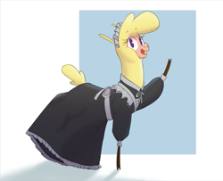 Size: 2083x1688 | Tagged: safe, artist:hitsuji, imported from derpibooru, alpaca, them's fightin' herds, clothes, cloven hooves, maid, open mouth, open smile, paprika (tfh), simple background, smiling, solo, waving