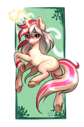 Size: 2699x4092 | Tagged: safe, artist:lynxwolf, imported from derpibooru, oc, oc only, oc:dashka bun, pony, unicorn, big ears, bracelet, bun, chest fluff, cute, cutie mark, female, hooves, horn, jewelry, looking at you, looking back, looking back at you, lying down, magic, mare, solo, unicorn oc, unshorn fetlocks