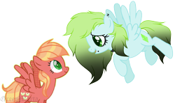 Size: 1484x878 | Tagged: safe, artist:greenmarta, artist:starshame, imported from derpibooru, oc, oc only, oc:emerald gemstar, oc:sweet apple, pegasus, pony, base used, collaboration, duo, duo female, female, flying, looking at each other, mare, offspring, parent:big macintosh, parent:fluttershy, parents:fluttermac, simple background, transparent background