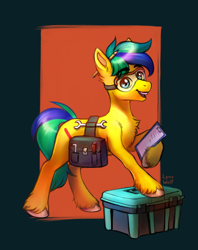 Size: 3000x3795 | Tagged: safe, artist:lynxwolf, imported from derpibooru, oc, oc only, oc:artell, earth pony, pony, bag, case, chest fluff, clipboard, cute, earth pony oc, glasses, high res, male, pencil, saddle bag, safety goggles, screwdriver, solo, stallion, standing, toolbox, tools, unshorn fetlocks, wrench
