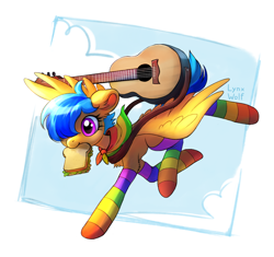 Size: 3364x3160 | Tagged: safe, artist:lynxwolf, imported from derpibooru, oc, oc only, oc:eclair winglain, pegasus, pony, bandana, chest fluff, clothes, cute, female, food, guitar, high res, kerchief, mare, musical instrument, pegasus oc, rainbow colors, rainbow socks, running, sandwich, simple background, sky, socks, solo, spread wings, striped socks, unshorn fetlocks, white background, wings