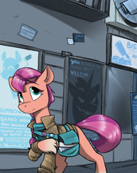 Size: 1435x1813 | Tagged: safe, artist:sinrar, imported from derpibooru, sunny starscout, earth pony, pony, alternate universe, bag, clothes, cyberpunk, female, g5, jacket, mare, my little pony: a new generation, propaganda, solo